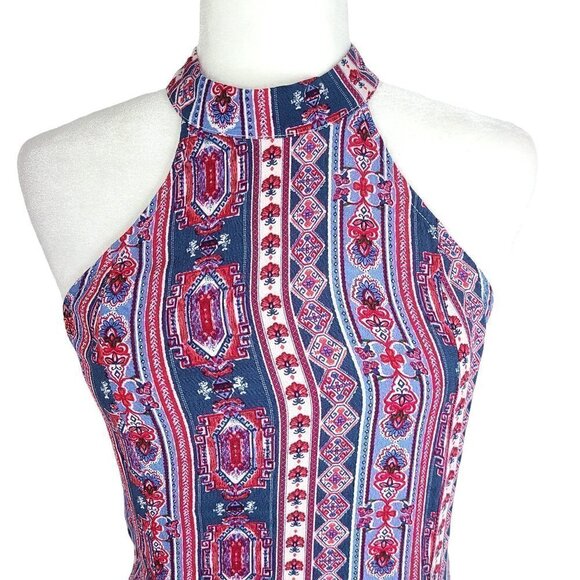AQUA Red Blue Y2K Bandana Halter High Neck Open Back Mini Dress - Picture 2 of 6